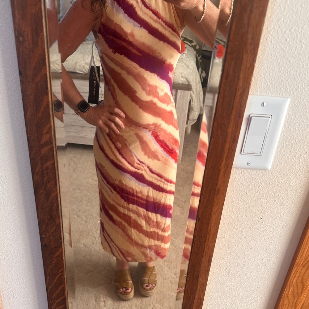 RACHEL Rachel Roy Cream Midi Dress with Pink & Red Wave Print- Small- NWT
